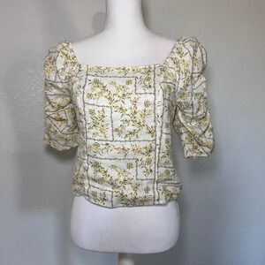 Joie Yellow Floral Linen Puff Sleeve Smocked Back Square Neck Top Size Medium
